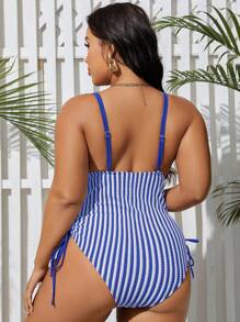 SHEIN Swim Curve 條紋印花加肥大尺碼束腰海灘泳裝 - 寶藍色 - 查看 2