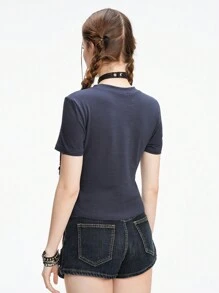 ROMWE Grunge Punk Skeleton Patterned Tight-Fitting Women T-Shirt, Dark Punk Style - Cadet Blue - View 3