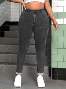 SHEIN EZwear Plus Size Dark Washed Cat Claw High-Stretch Skinny Jeans Summer Outfits For Women Festival Outfits Casual Jeans