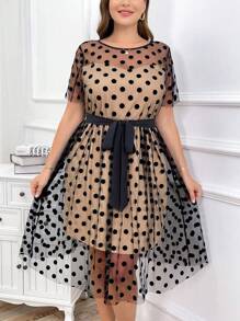 SHEIN Clasi Elegant Plus Size Polka Dot Mesh & Apricot Color Blocking Bodycon Dress For Summer - Multicolor - View 6