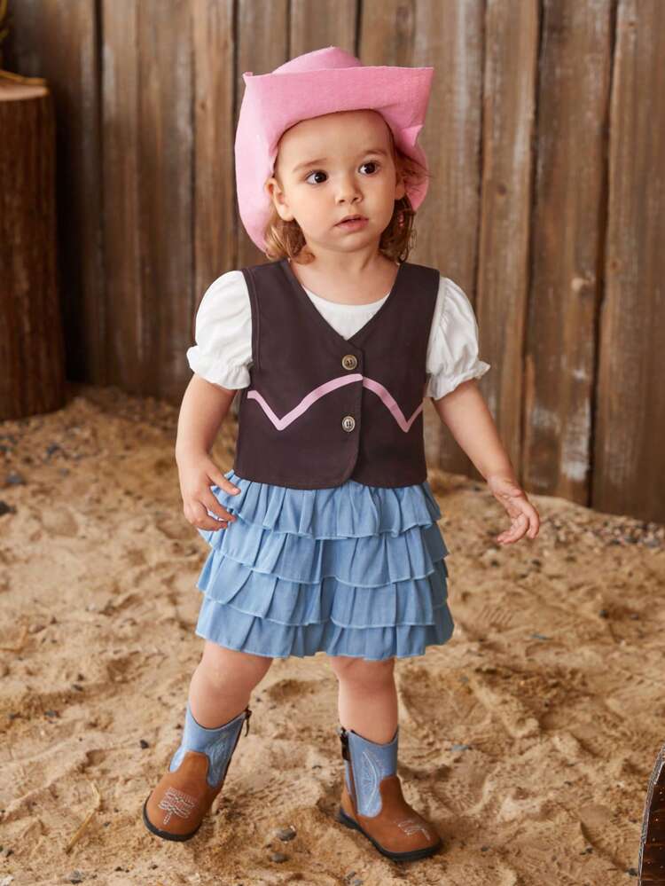 4pcs/Set Baby Girl American Western Style Vacation Elegant Fancy Cool And Cute Daily Casual Outfits, Spring/Summer