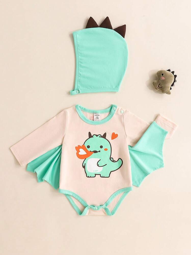 Baby Boys' Adorable Dinosaur Pattern Bodysuit With 3D Hat Set For Homewear