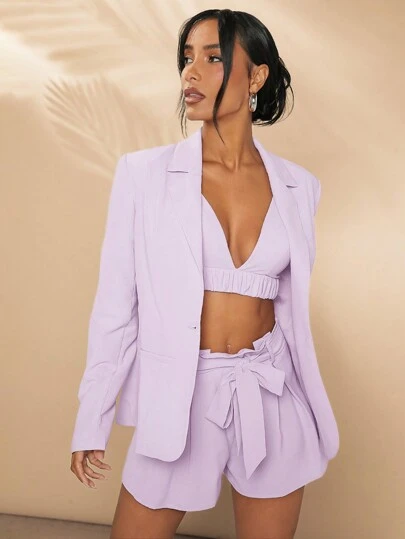 L'Amorae Triangle Top & Tie Shorts & Blazer Two Pieces Set