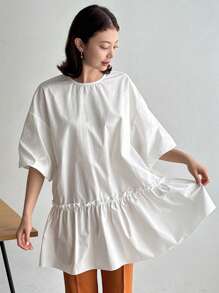 TrendSteals Ladies' Simple Solid Color Mid-Sleeve Casual Shirt,Ruffle - White - View 1