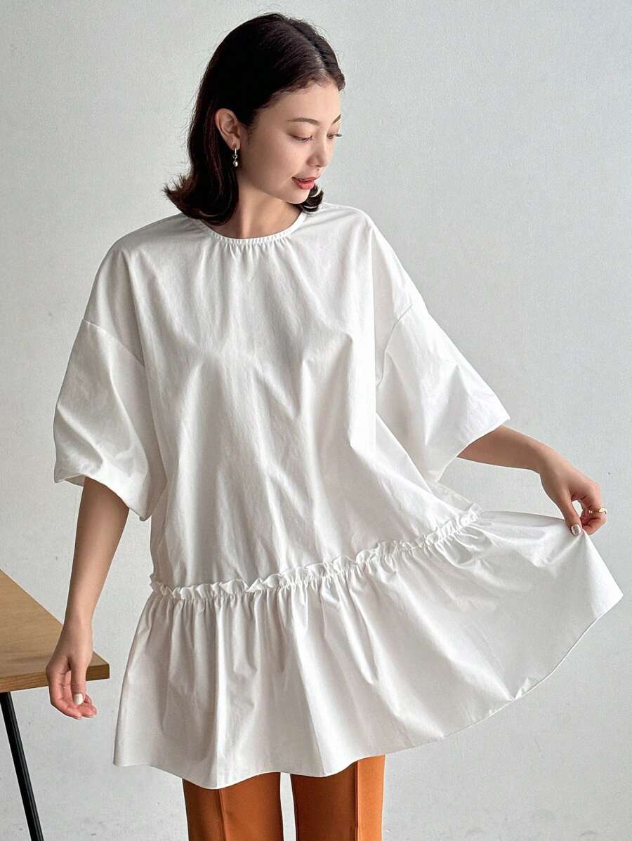 TrendSteals Ladies' Simple Solid Color Mid-Sleeve Casual Shirt,Ruffle - White - View 1