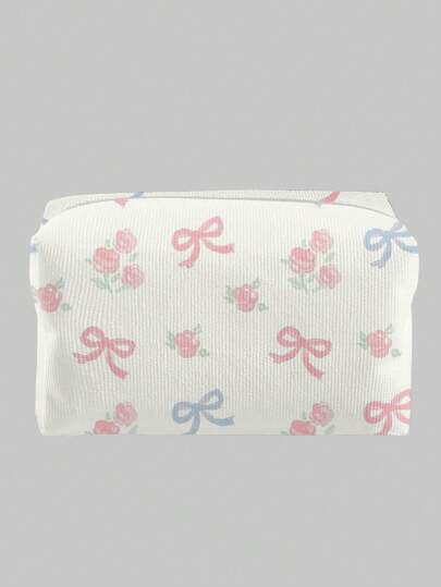 Kawaii Bolsa de cosméticos de terciopelo octogonal con lazo y patrón de flores