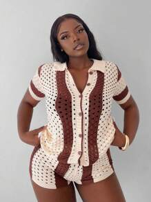 Slaydiva Holiday Beach Casual Loose Short Sleeve Shirt And Tight Shorts Color Block Hollow Out See-Through Women's Knitted Sweater Set - C