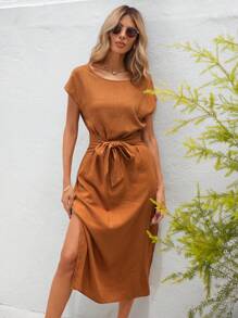 SHEIN VCAY Summer Versatile Style Holiday Solid Color Linen Sleeveless Dress With Front Waist Tie And Side Slit For Women