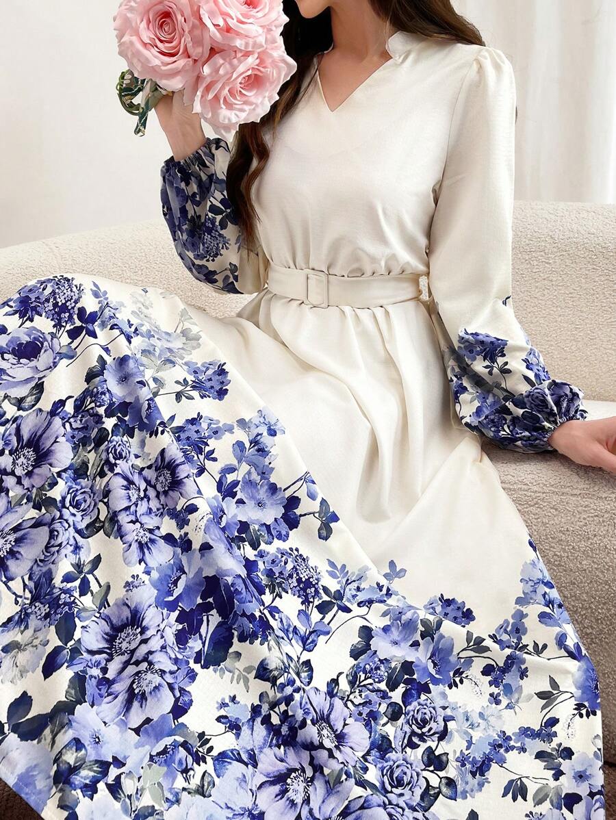 Mulvari Đầm dài tay kín đáo có thắt lưng cổ khoét sâu in hoa, thanh lịch - Màu be - Xem 1