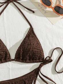 SHEIN Swim Conjunto de bikini sexy para mujer con cuello halter y unicolor, traje de baño para playa de verano