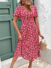 SHEIN Frenchy V-Neck Floral Print Short Sleeve Ruffle Hem Dress Beach Holiday Dress Floral Dress Summer Dress Christmas New Year Red Vacation Flower Resort - Red - View 5