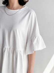FRIFUL Women's Fashionable Loose-Fit Solid Color A-Line Short Sleeve T-Shirt For Daily Wear,Ruffle - White - View 7