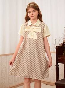 SHEIN Vestido A-Line Para Garota Tween com Laço e Impressão Floral, Adequado para Comutar e Casual, Verão