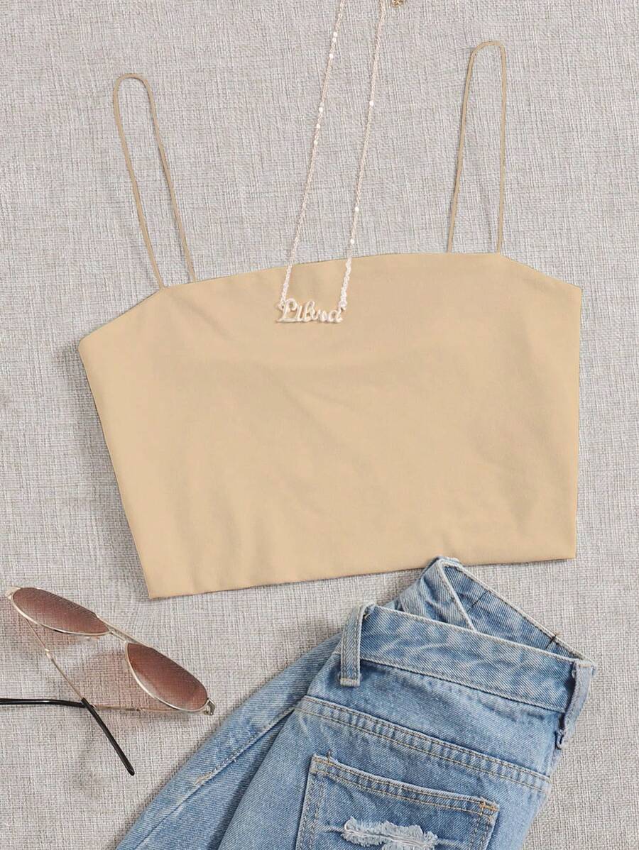 SHEIN Unity Áo crop top màu trơn mùa hè dành cho nữ có dây đeo vai - Màu be - Xem 1