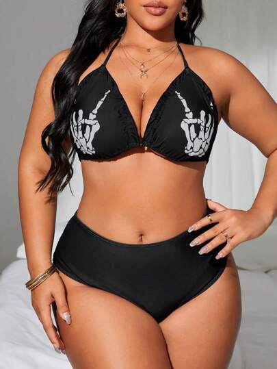 Swim Lushoire Summer Beach Plus Size Women Simple Printed Swimwear Bikini Set