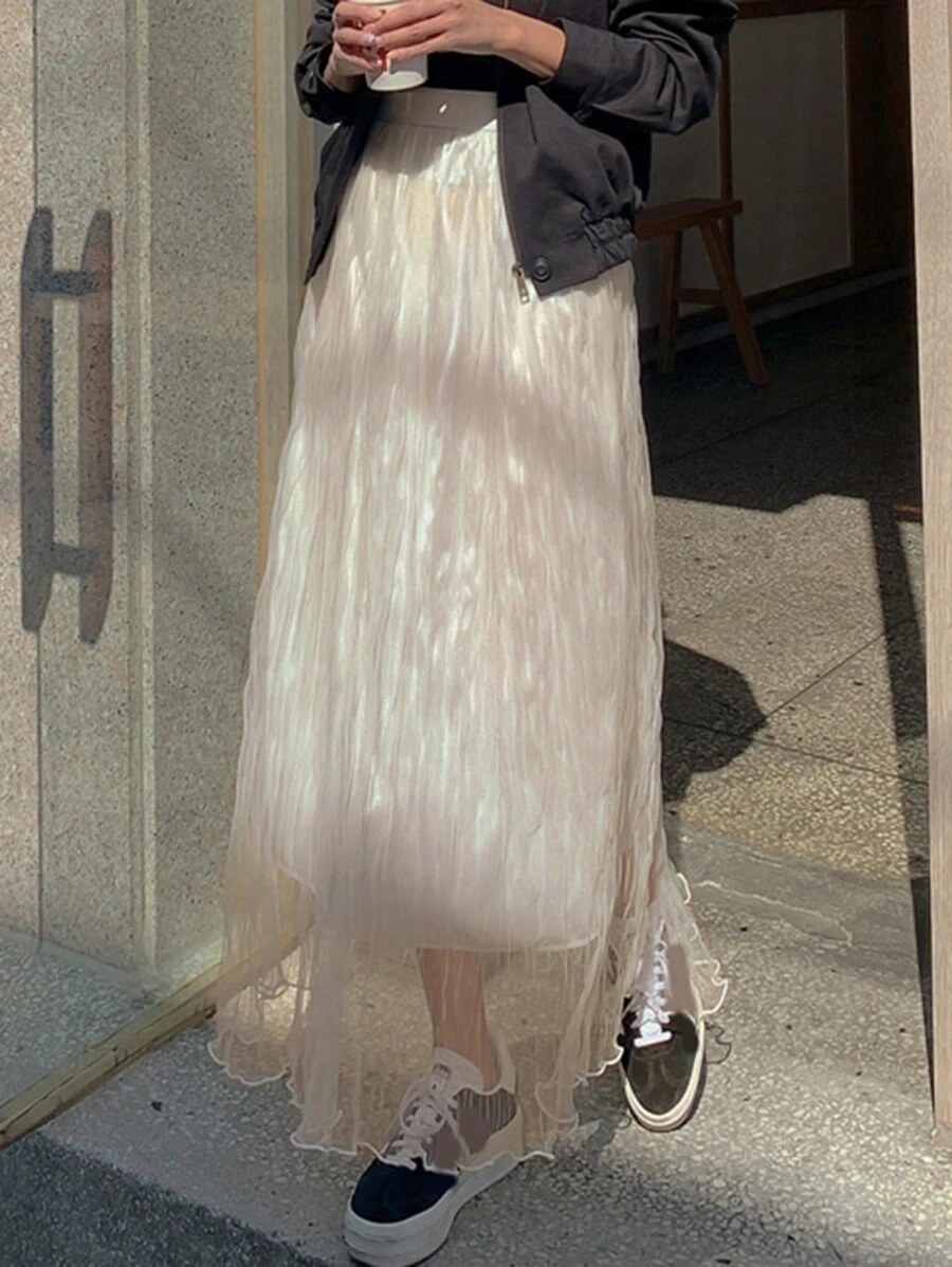 DAZY 女士纯色透视宽松长裙秋季半身裙 - 杏色 - 查看 1