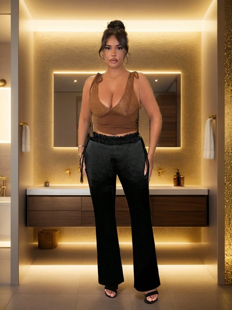 Summer Cute Satin Spring Holiday Mother Day Black Casual Party Sexy And Elegant Flared Trousers With Ruffle Hem Pants Bottom For Women