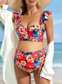 SHEIN Summer Maternity Beach Vacation Floral Print Sweetheart Neckline Cap Sleeve Top And Triangle Bikini Set