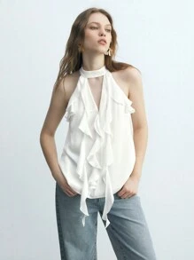 Maija Áo cánh trắng hở lưng nhún bèo không tay, trang phục đi biển cho phụ nữ vào kỳ nghỉ hè - trắng - Xem 1