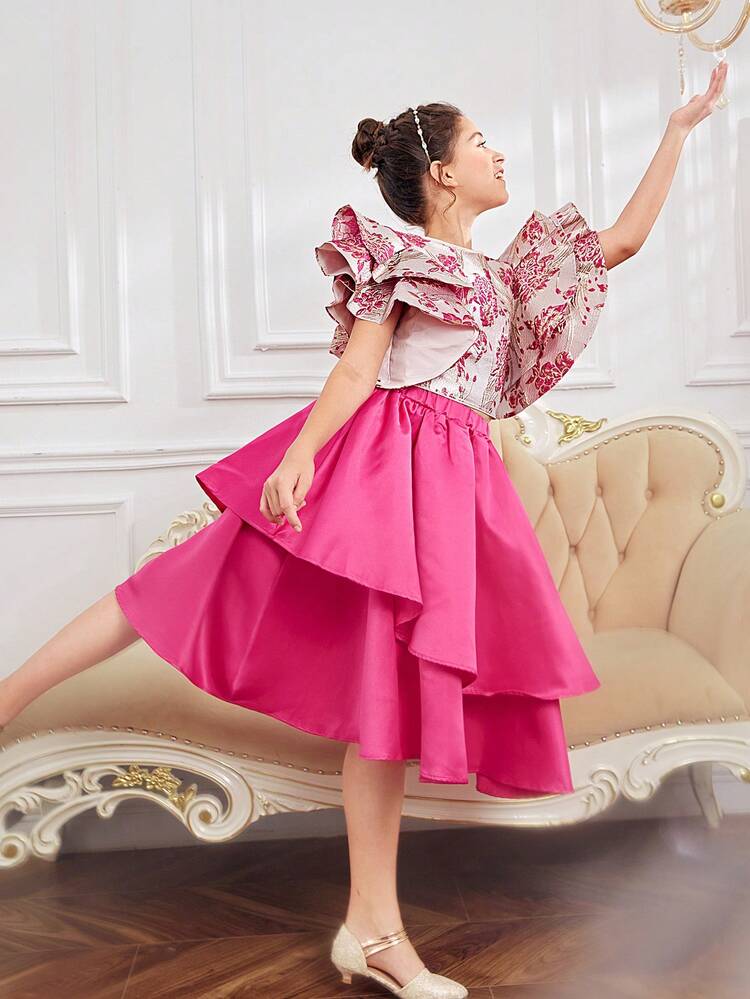 Tween Girls' Layered Ruffle Sleeve Jacquard Shirt And Asymmetrical Double-Layered Hem Skirt Set