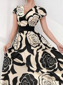 Modelyn 女士花卉印花 V 领优雅连衣裙 长款女士套装 长款晚礼服 - 彩色 - 查看 6