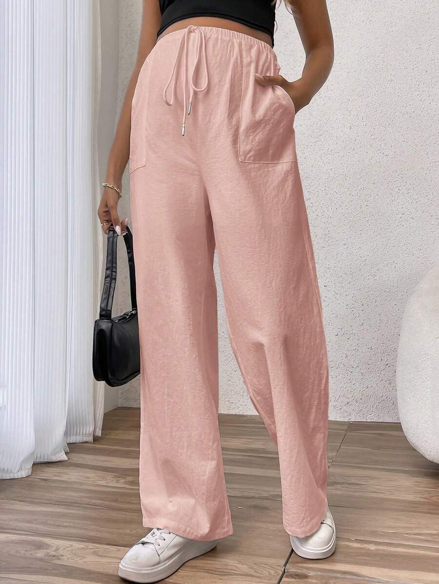 SHEIN Young Women Casual Loose Fit Wide Leg Pants With Elastic Waist And Adjustable Drawstring, High Waist Long Trousers For Maternity - Pink - View 1