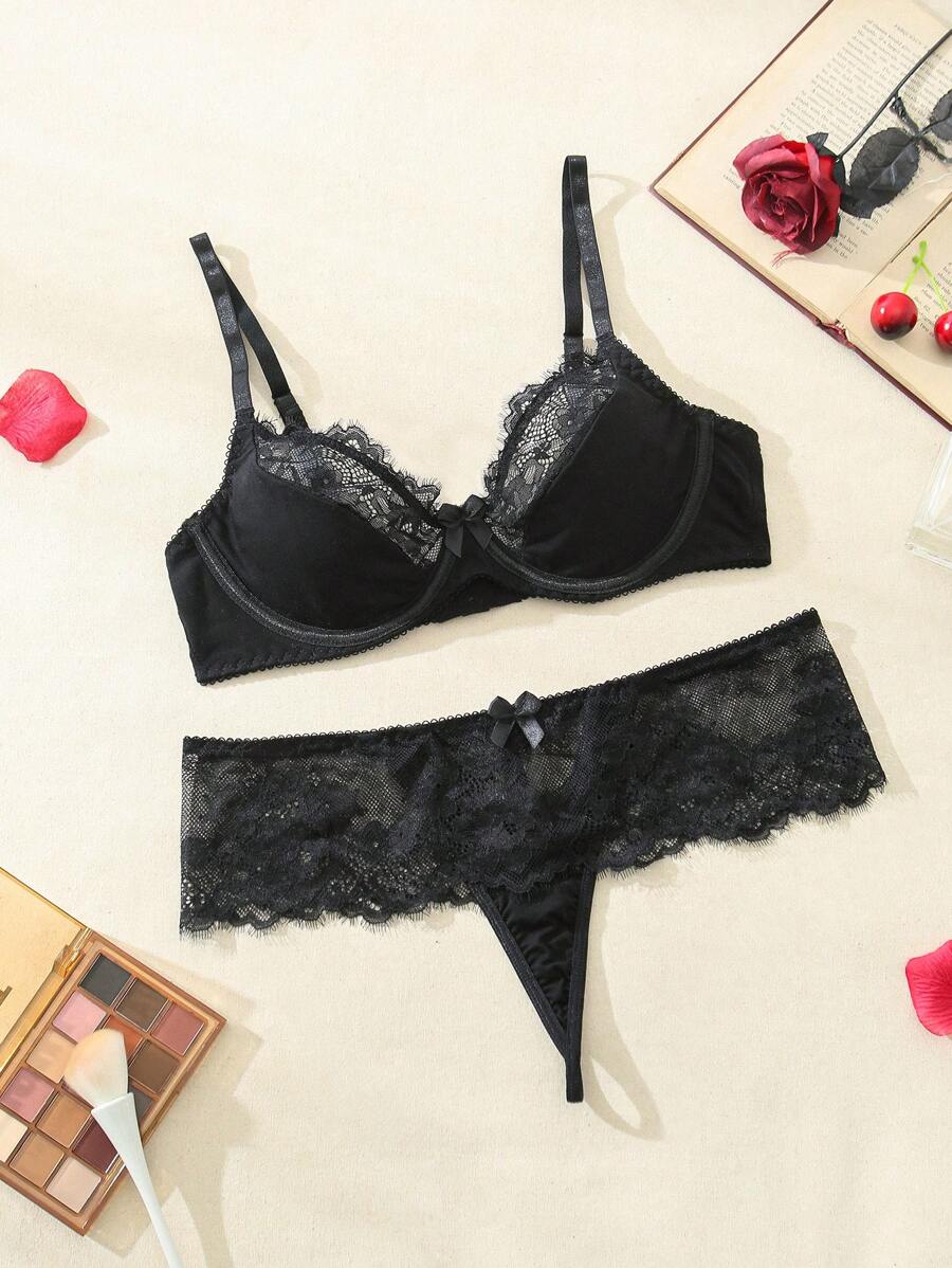 SHEIN Women Sexy Lace Lingerie Set, Summer Bra Panty Set