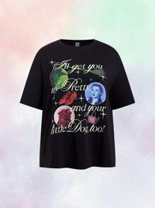 The Wizard of Oz X SHEIN Plus Size Classic Icons Letter Print Cute Casual Black Basic T-Shirt - Black - View 8