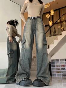 Women's Casual Washed Straight Leg Cargo Jeans - Medium Wash - View 1