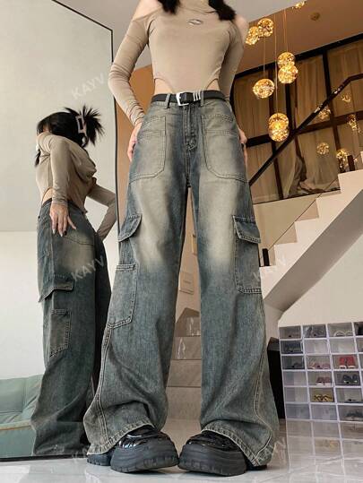 Washed Flap Pocket Side Wide Leg Jeans Without Belt