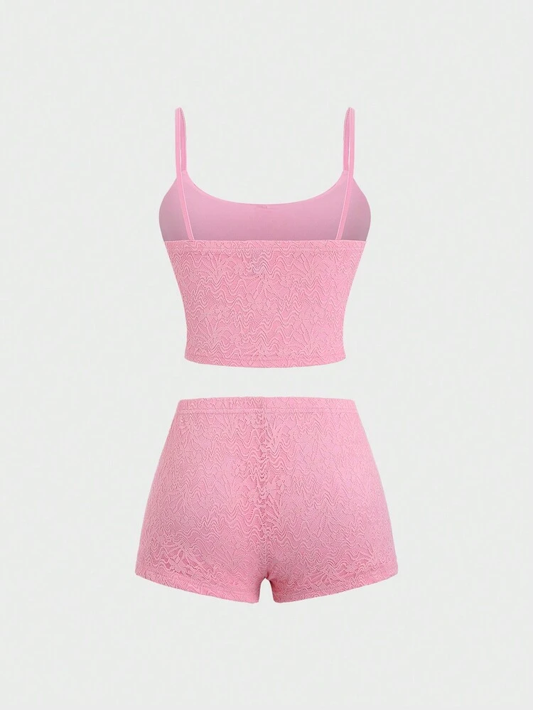 Summer Solid Color Lace Spaghetti Strap Shorts Set For Slim Fit