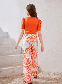 Maglietta a maniche corte un colore a girocollo per ragazze adolescenti e pantaloni estivi a stampa stile vacanza in due pezzi (primavera/estate) - Arancione - Visualizzare 2