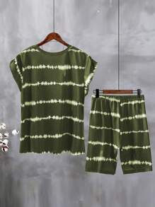Maweii Plus Size Tie-Dye Top And Shorts Casual Two-Piece Set - Army Green - View 2