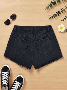 SHEIN Quần short denim sờn rách của cô gái tuổi teen mùa hè - màu đen - Xem 2