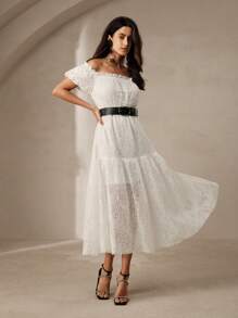 Anewsta Vestido elegante de fiesta para mujer con hombros descubiertos y mangas abullonadas - Blanco - Ver 5