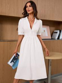 GENKIRA Robe-chemise col en tissu à texture respirante, robe d'été évasée à manches courtes pour femme. - Nude - Voir 1