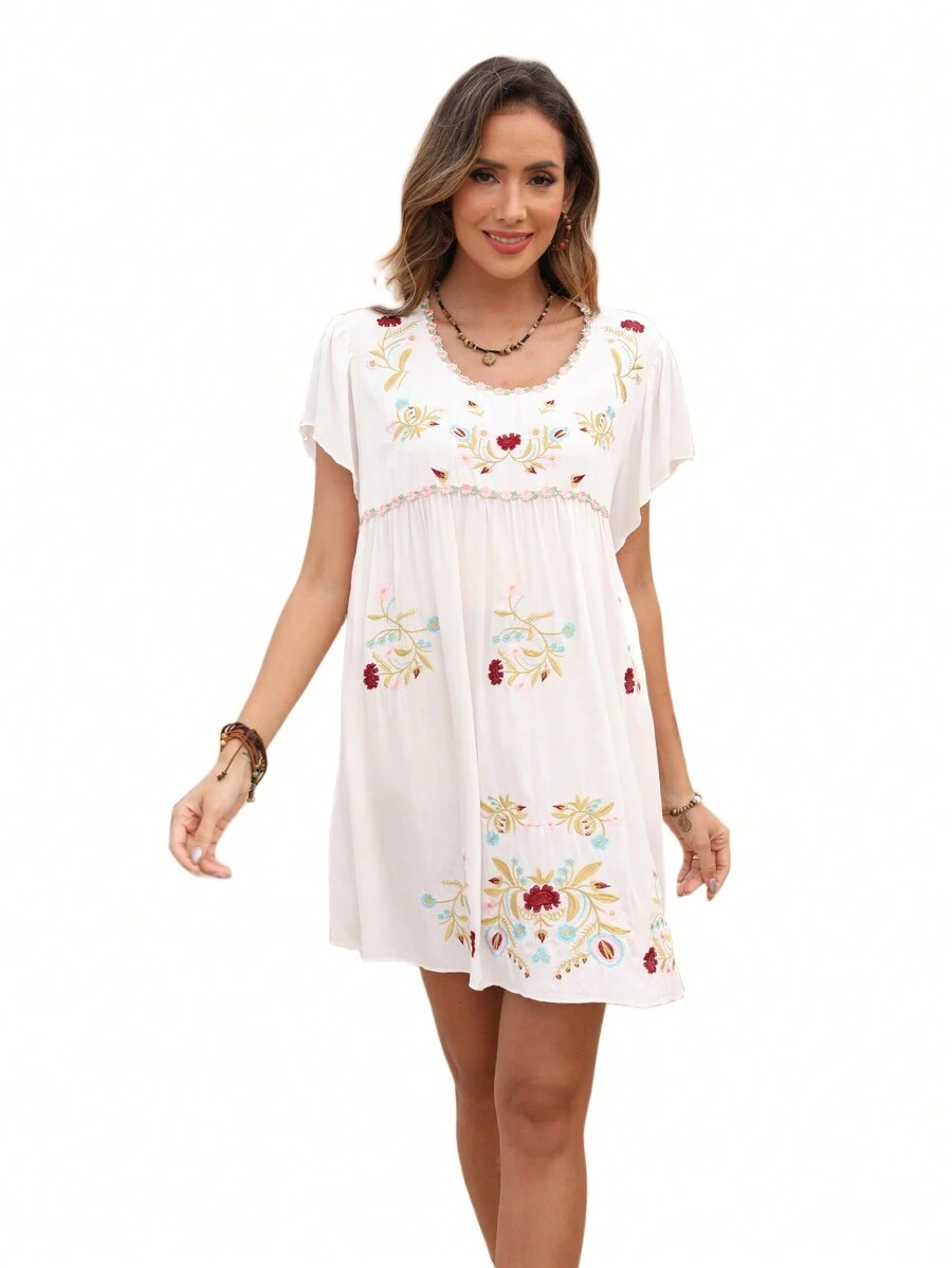 Vestido bordado de manga murciélago y cuello redondo de patrón vintage para verano - Blanco - Ver 1