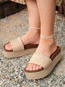 Styleloop Summer Vacation Rope Braid Wedge Sandals - Beige - View 9