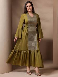 Plus Size Women V-Neck Minimalist Everyday Arabic Style Dress, Modest - Green - View 6
