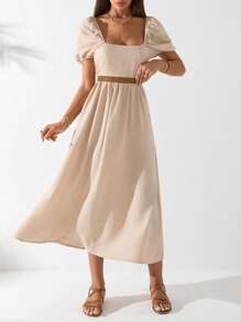 Cloudara Women Puffer Sleeve  Cami  Dress - Beige - View 4