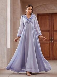 Vestido de dama de honor con manga lámpara, decorado con flores en 3D, de unicolor - Púrpura malva - Ver 3