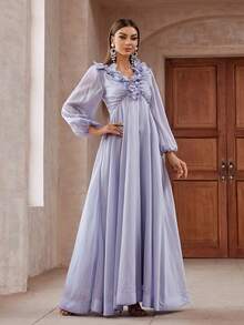 Vestido de dama de honor con manga lámpara, decorado con flores en 3D, de unicolor - Púrpura malva - Ver 4