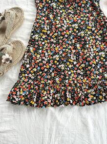 Soleia 女士度假休闲夏季浪漫复活节碎花迷你连衣裙，黑色底色搭配彩色碎花，荷叶袖，收腰设计，荷叶边下摆，可爱午餐休闲度假装扮，碎花连衣裙适合派对、夏季，甜美复古风 - 彩色 - 查看 4