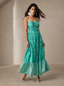 Anewsta Women's Summer Spaghetti Strap Paisley Print Dress With Ruffle Hem - Green - View 6