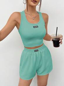SHEIN EZwear 女士薄荷綠色毛織字母連身短上衣和短褲套裝，夏季