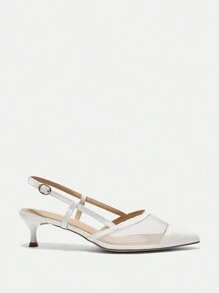 SheIn BIZ Zapatos de tacón alto de moda para mujeres con malla empalmada y punta afilada - Blanco - Ver 2