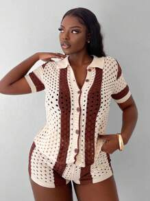 Slaydiva Holiday Beach Casual Loose Short Sleeve Shirt And Tight Shorts Color Block Hollow Out See-Through Women's Knitted Sweater Set - C