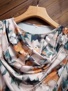 Damska luźna koszulka z nadrukiem tie-dye i okrągłym dekoltem, z długim rękawem, wiosna/lato