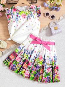 SHEIN Tween Girl elegante top met bloemenprint en rokset met riem