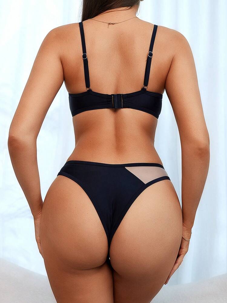 Women Sexy Bikini Set, Mesh Contrast Two Pieces Bikini Set For Beach Vacation Summer Beach